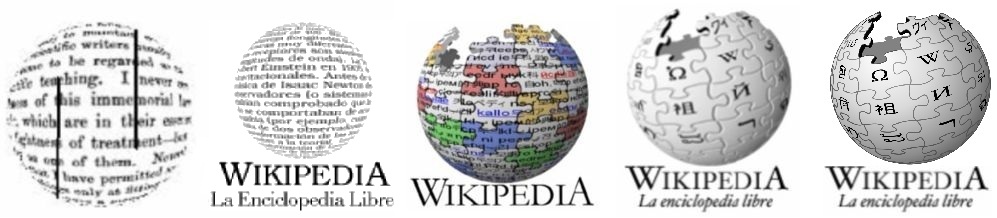 Wikipedia utiliza un logotipo de un globo-rompecabezas que da referencia a los símbolos de distintos lenguajes e idiomas en las que se utiliza el sitio.